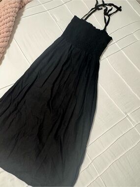 GAP Black Smocked Midi Dress with Tie Straps